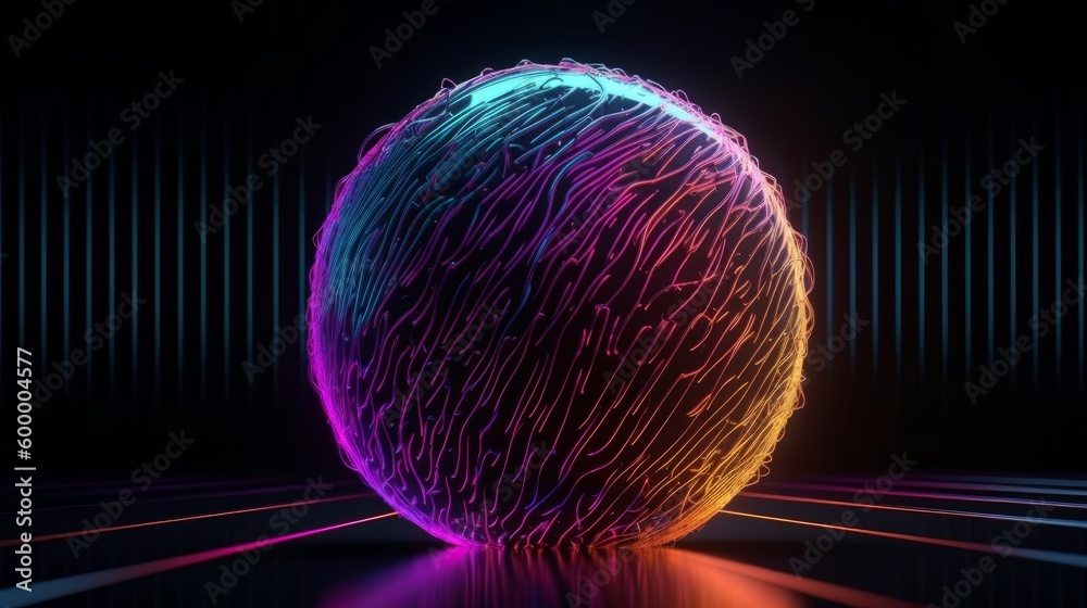 Poster a neon sphere on a dark backdrop. generative ai