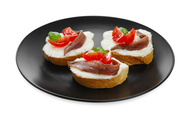 Delicious sandwiches with cream cheese, anchovies, tomatoes and basil on white background
