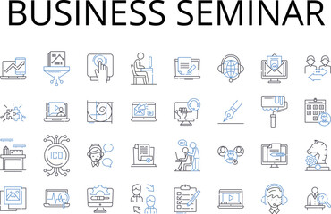 Business seminar line icons collection. Brand workshop, Marketing clinic, Sales summit, Leadership retreat, Entrepreneur forum, Innovation conference, CEO symposium vector and linear illustration
