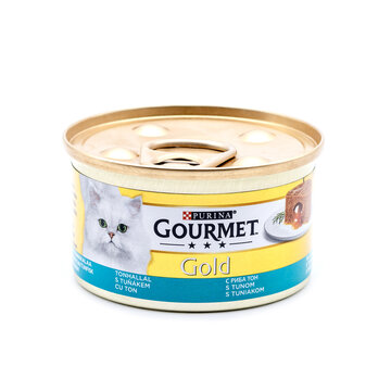 Purina Gourmet Gold,cat food can with tuna,isolated product on a white background