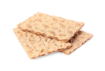 Many fresh crunchy crispbreads on white background. Healthy snack