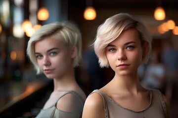 Two young blonde girls portrait. Neural network AI generated art Generative AI