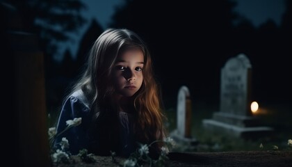 A orphan girl sitting beside her parents grave starring at it, ai, ai generative, illustration - obrazy, fototapety, plakaty