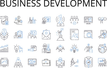 Business development line icons collection. Marketing strategy, Product management, Human resources, Sales technique, Financial management, Customer service, Brand awareness vector and linear