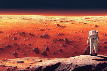 Ravishing digital illustration of Mars landscape feature with red surface and mountain with astronaut. Space exploration and martian on red planet concept by generative AI.
