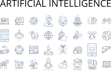 Artificial intelligence line icons collection. Machine learning, Cognitive computing, Digital automation, Autonomous systems, Robotic intelligence, Data analytics, Predictive modeling vector and