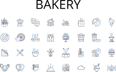Fototapeta premium Bakery line icons collection. Pastry shop, Bread store, Cake house, Cookie corner, Sweet factory, Confectiry store, Dessert shop vector and linear illustration. Sugar haven,Muffin parlor,Donut shop