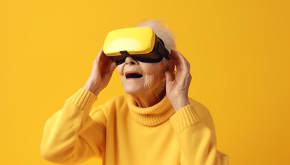 happy grandma wearing VR glasses on yellow background