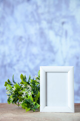 Vertical view of empty picture frame standing on table and flower pot on blue icy background