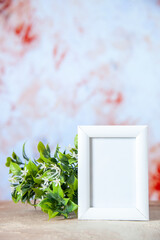Vertical view of empty picture frame standing on table and flower pot on colorful background
