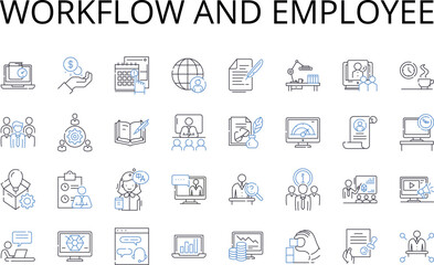 Workflow and employee line icons collection. Strategy and planning, Innovation and creativity, Collaboration and teamwork, Efficiency and optimization, Communication and feedback, Productivity and