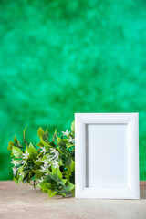 Vertical view of empty picture frame standing on table and flower pot on pastel green color background