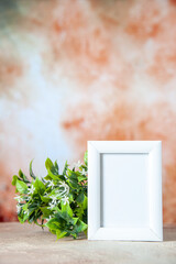 Vertical view of empty picture frame standing on table and flower pot on soft color background