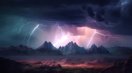 Fototapeta premium A dramatic lightning storm illuminating a mountain range at night. Generative ai