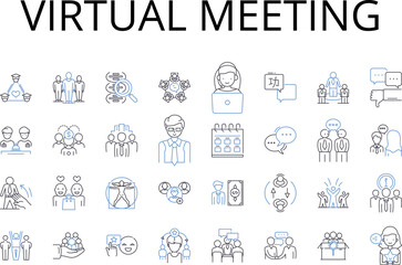 Virtual meeting line icons collection. Online conference, Digital gathering, Remote presentation, Cyber assembly, Webinar session, Video chat, Electronic forum vector and linear illustration. Internet