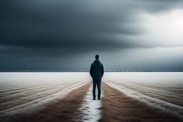 Faceless man standing in the middle of a empty field, minimalism