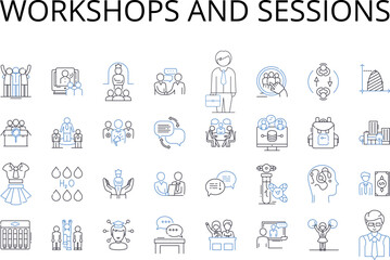 workshops and sessions line icons collection. Seminars and lectures, Talks and speeches, Classes and tutorials, Conferences and symposiums, Meetings and gatherings, Programmes and modules, Courses and