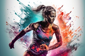 Heroic double exposure colorful photo of a well trained female Swedish runner speedy running. Generative AI AIG19. - obrazy, fototapety, plakaty