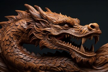Fototapeta na wymiar Dragon carved from mahogany wood. AI generated, human enhanced