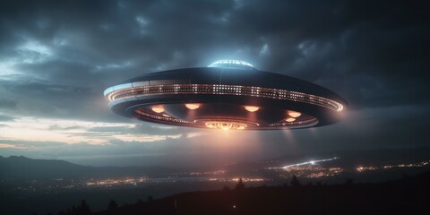 Obraz na płótnie Canvas Photorealistic UFO in the sky at night. AI generated, human enhanced
