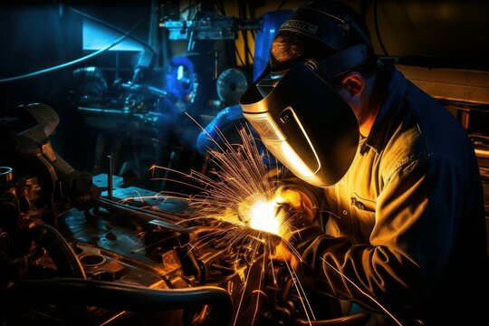 Worker or welder in the metallurgical industry performing welding in his workshop. AI generated, human enhanced.