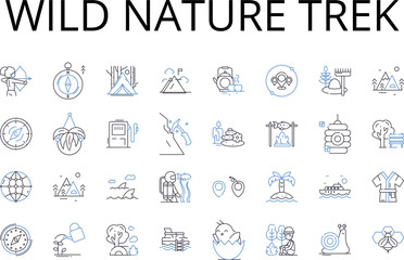 Wild nature trek line icons collection. Rugged mountain climb, Deep sea dive, Serene beach stroll, Majestic waterfall, Mysterious cave exploration, Scenic forest hike, Coastal bike ride vector and