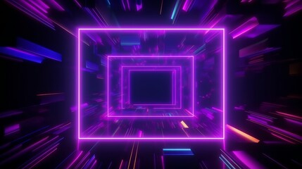 A purple square illuminated by neon lights in a dark room. Generative ai