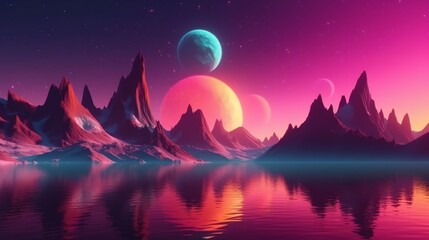 Fototapeta premium A stunning landscape with mountains and planets reflected in the calm water surface. Generative ai