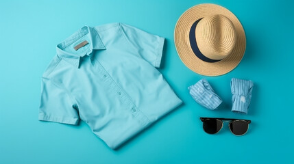 ummer Style for Men, Top View of Apparel Arranged on Blue Pastel Background, With Generative AI
