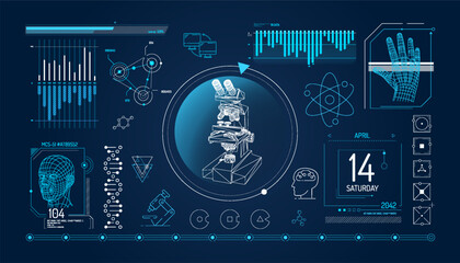 Set of infographic elements about microscopy and biomedical research.