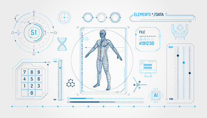 Set of infographic elements about DNA research and digital technologies.