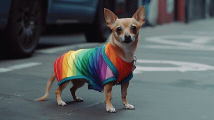 Dogs celebrating LGBTI Pride Day. Dogs in the street in LGTBI Celebration. Dogs dressed with the LGTBI flag. Images created by AI.
