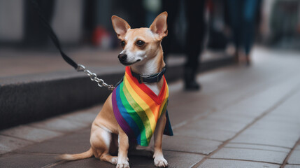 Dogs celebrating LGBTI Pride Day. Dogs in the street in LGTBI Celebration. Dogs dressed with the LGTBI flag. Images created by AI.
