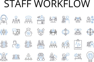 Staff workflow line icons collection. Employee productivity, Resource management, Workplace efficiency, Business process, Operation system, Corporate culture, Task delegation vector and linear