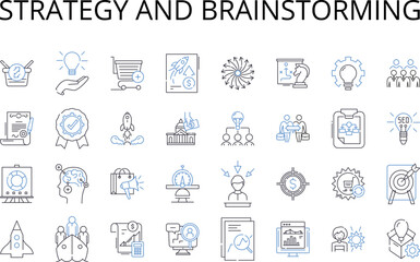 Strategy and brainstorming line icons collection. Planning and scheming, Pondering and contemplating, Pondering and ruminating, Devising and constructing, Devising and creating, Crafting and