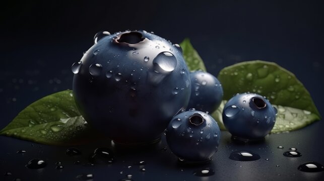 A group of fresh blueberries on a wooden table. Generative ai