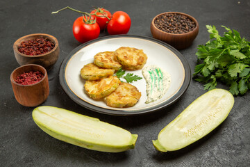 front view cooked squash meal with greens fresh tomatoes and greens on grey background meal salad health food vegetable