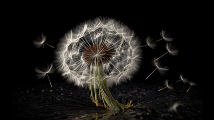 A dandelion blowing in the wind on a black background. Generative ai
