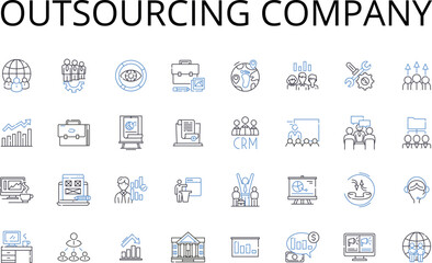 Outsourcing company line icons collection. Freelance contractor, Offshoring provider, Service provider, Contract workforce, External agency, Partner firm, Virtual team vector and linear illustration