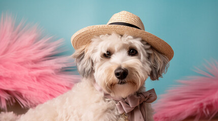 Cute and funny dogs dressed up with hats, glasses, ties, and bows, modeling for Hollywood. Dogs dressed up. Hollywood dogs. Images generated by AI.