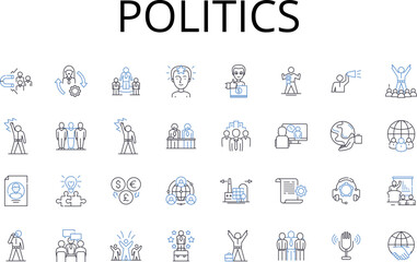 Politics line icons collection. Governmental affairs, Statecraft, Public affairs, Civic society, Political science, National interest, Public policy vector and linear illustration. Governance system - obrazy, fototapety, plakaty
