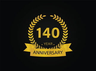 Naklejka premium 140th years golden anniversary logo celebration with ring and ribbon.