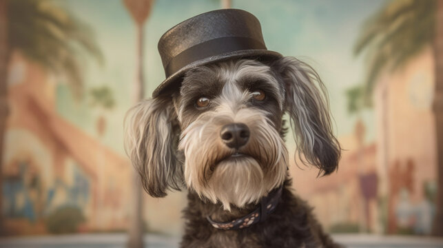 Cute and funny dogs dressed up with hats, glasses, ties, and bows, modeling for Hollywood. Dogs dressed up. Hollywood dogs. Images generated by AI.