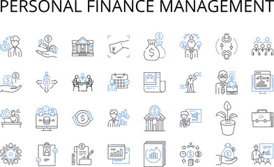 Personal Finance Management line icons collection. Financial Planning, Wealth Management, My Management, Fiscal Organizing, Budget Control, Mtary Guidance, Investment Strategy vector and linear