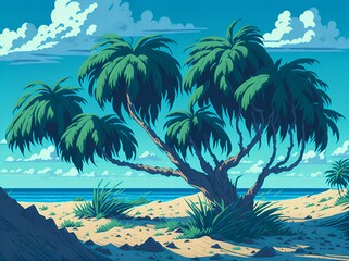 Fototapeta na wymiar Biodiversity of the flora of the Brazilian coast. Palm trees and coconut trees on the coast of Brazil. Beach and beautiful scenery of the dunes and seas of Latin America