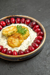 front view delicious squash meal with fresh red dogwoods on the grey background fruit meal food cooking
