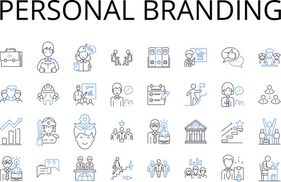 Personal branding line icons collection. Online presence, Image management, Identity creation, Self-marketing, Reputation building, Visibility boosting, Self-promotion vector and linear illustration