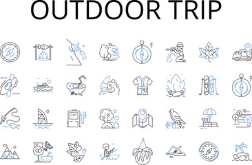 Outdoor trip line icons collection. Beach vacation, Mountain hike, Forest trek, City escape, Road trip, Camping adventure, Ski vacation vector and linear illustration. Island getaway,Jungle safari