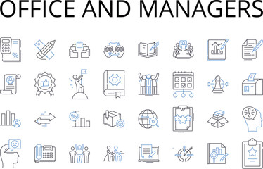 Office and managers line icons collection. CEO and executives, Business and commerce, Work and labor, Paperwork and bureaucracy, Staff and employees, Sales and marketing, Desk and chair vector and