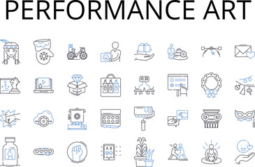 Plakat performance art line icons collection. visual arts, decorative arts, fine arts, liberal arts, graphic design, digital art, abstract art vector and linear illustration. contemporary art,installation